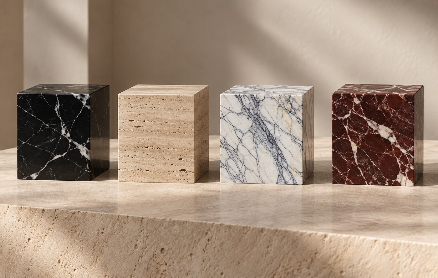 Four stone plinth finishes shown together: Nero Marquina, Classic Travertine, Lilac Marble and Rosso Levanto.